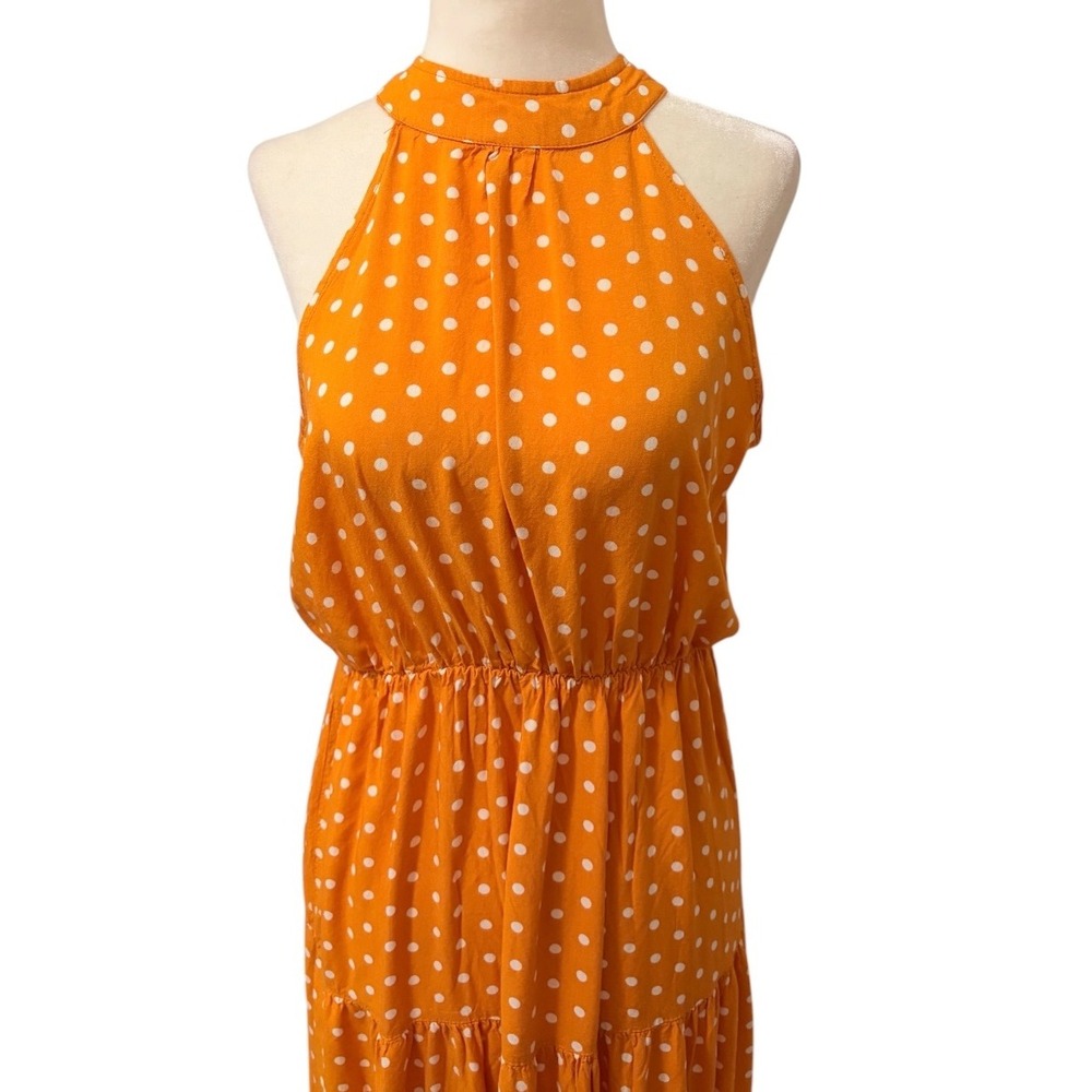 Retro Style Polka Dot Halter Tiered Maxi Dress Orange White Size Medium Summer - Picture 3 of 10